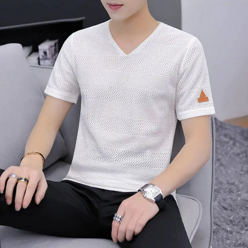 Plain T Shirt Men Summer Top Vintage Streetwear Knitted Black T Shirt V neck Short sleeve Tee Casual Plus size 240319