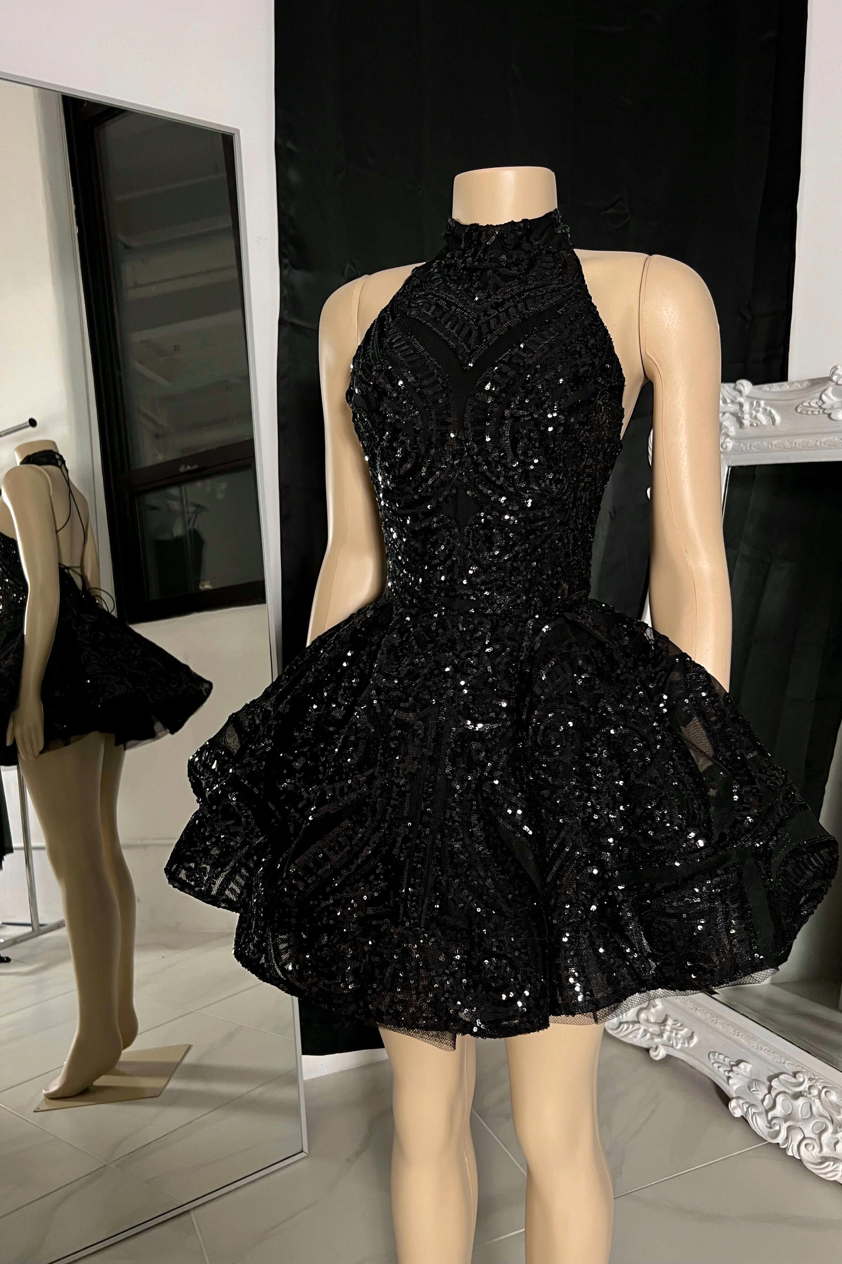 Shinny Black Sequined Mini Short Cocktail Dresses A Line Halter Neck Criss Cross Backless Tutu Skirt Prom Evening Gowns Junior Graduation Dress BC1692
