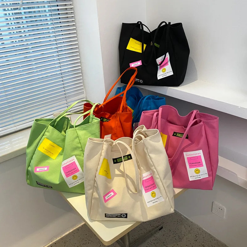 2023 Candy Color Large Canvas Totes For Women Cotton Bag Big Reusable Shopping Bag Pink Supermarket Eco Grocery Shoulder Bag 240320
