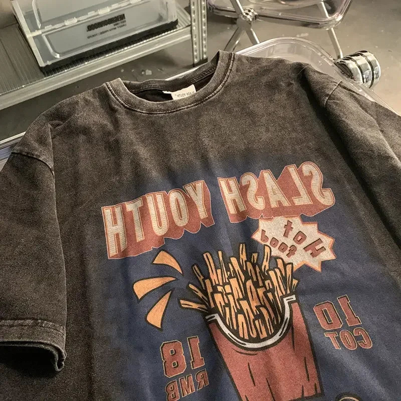 American high street retro old tiedye French fries printed shortsleeved Tshirt men and women trendy hip hop halfsleeved top 240315