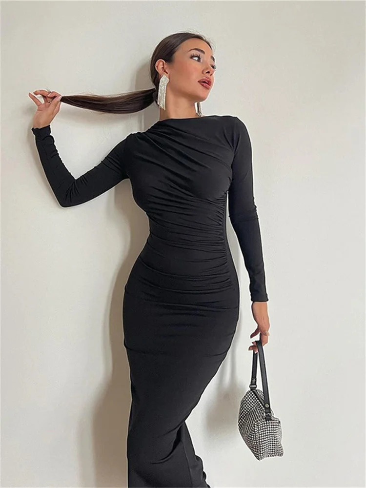 WJFZQ Molid Long Sleeve Slim Prom Birthday Midi Dresses Fashion Robe Ladies Elegant Ruched Party Evening Dress for Women 240319