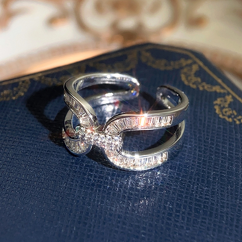 Wedding Rings for Women: Sterg Sier Open Cross Band with Princess Cut White Topaz & CZ Gemstones