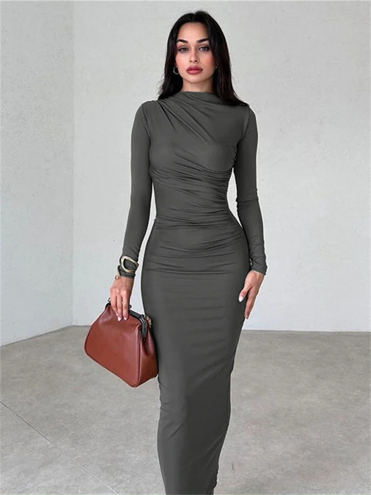 WJFZQ Molid Long Sleeve Slim Prom Birthday Midi Dresses Fashion Robe Ladies Elegant Ruched Party Evening Dress for Women 240319