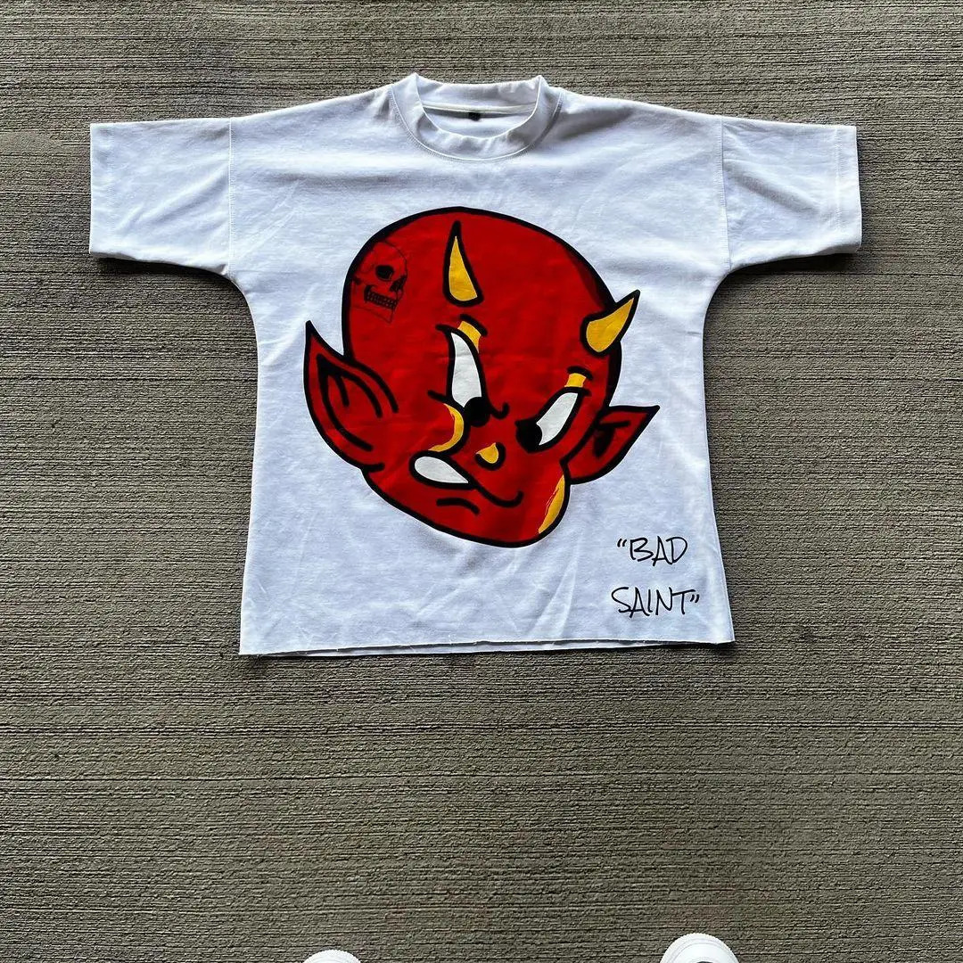 Little devil graffiti hip-hop printed street short-sleeved T-shirt for men and women summer retro Y2K loose daily round neck top 240321
