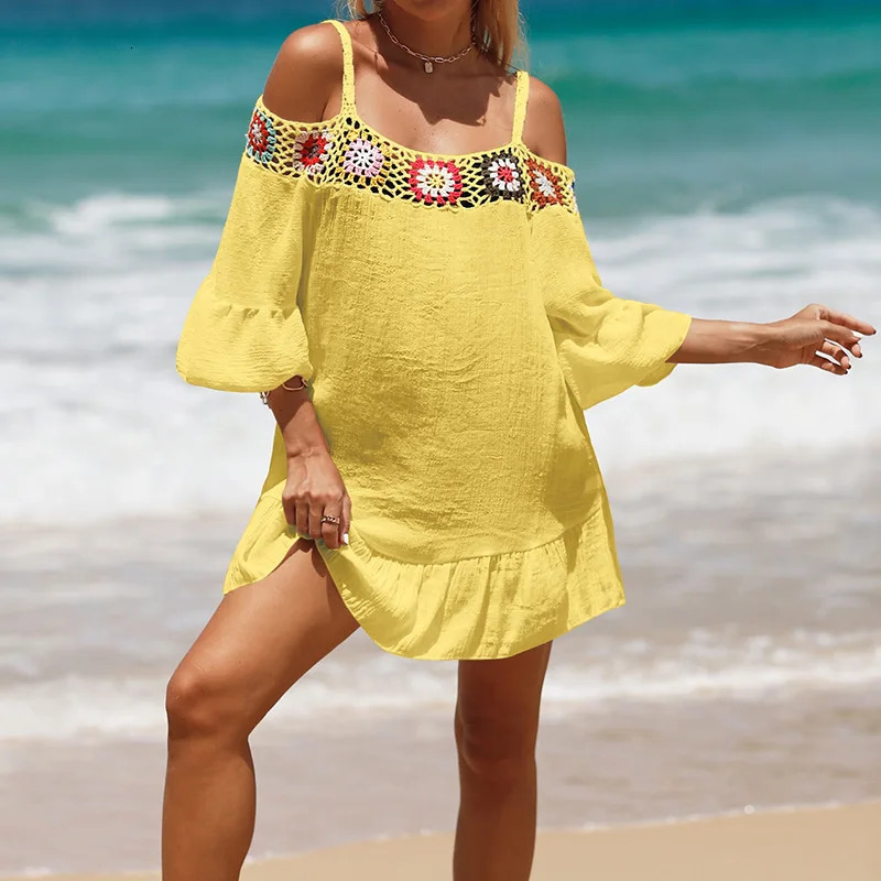 Boho OffShoulder Straps Mini Beach Dress Summer Women Bikini Cover Ups Half Flare Sleeve Ruffle Hem Casual Wear 240320