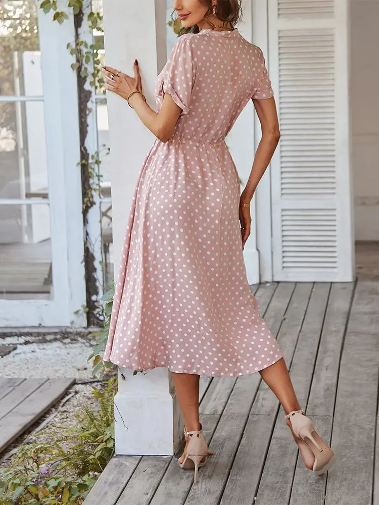 Ladies Polka Dot Print Shirt Dres Casual Midi Holiday Summer Dress Female Loose Women Beach Sundress Robe Vestidos 240315