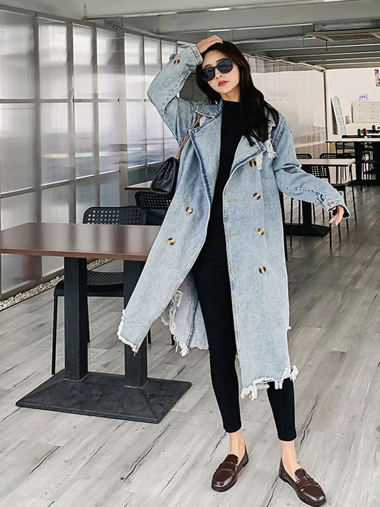 Girls Denim Trench Coat Jackets Winter For Women Coats Female Overcoat 240315