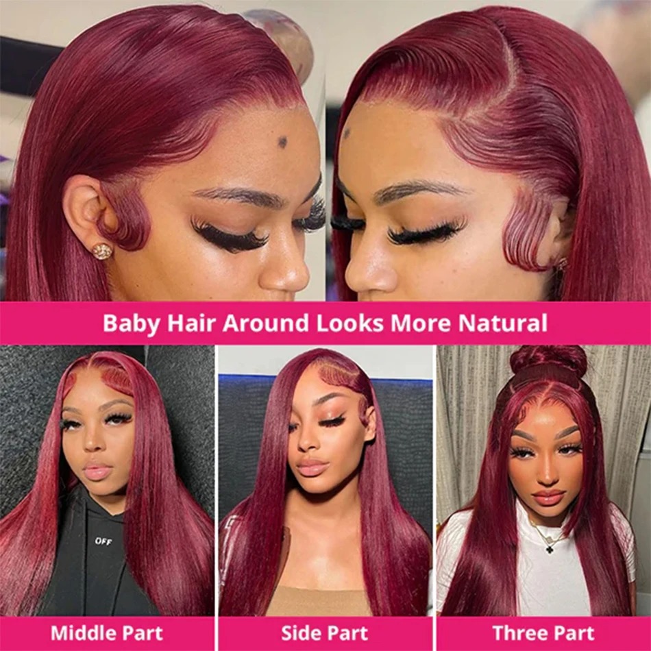 99J Bury Straight 13X4 Transparent Front Human Hair Wigs Brazilian Red Colored Lace Frontal Wig For Women Pre Plucked