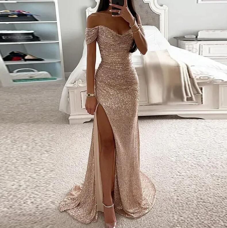 Elegant Off The Shoulder Sequins Mermaid Bridesmaid Ruched High Thigh Split Blingbling Wedding Guest Maid Of Honor Dresses Bc18214 0326