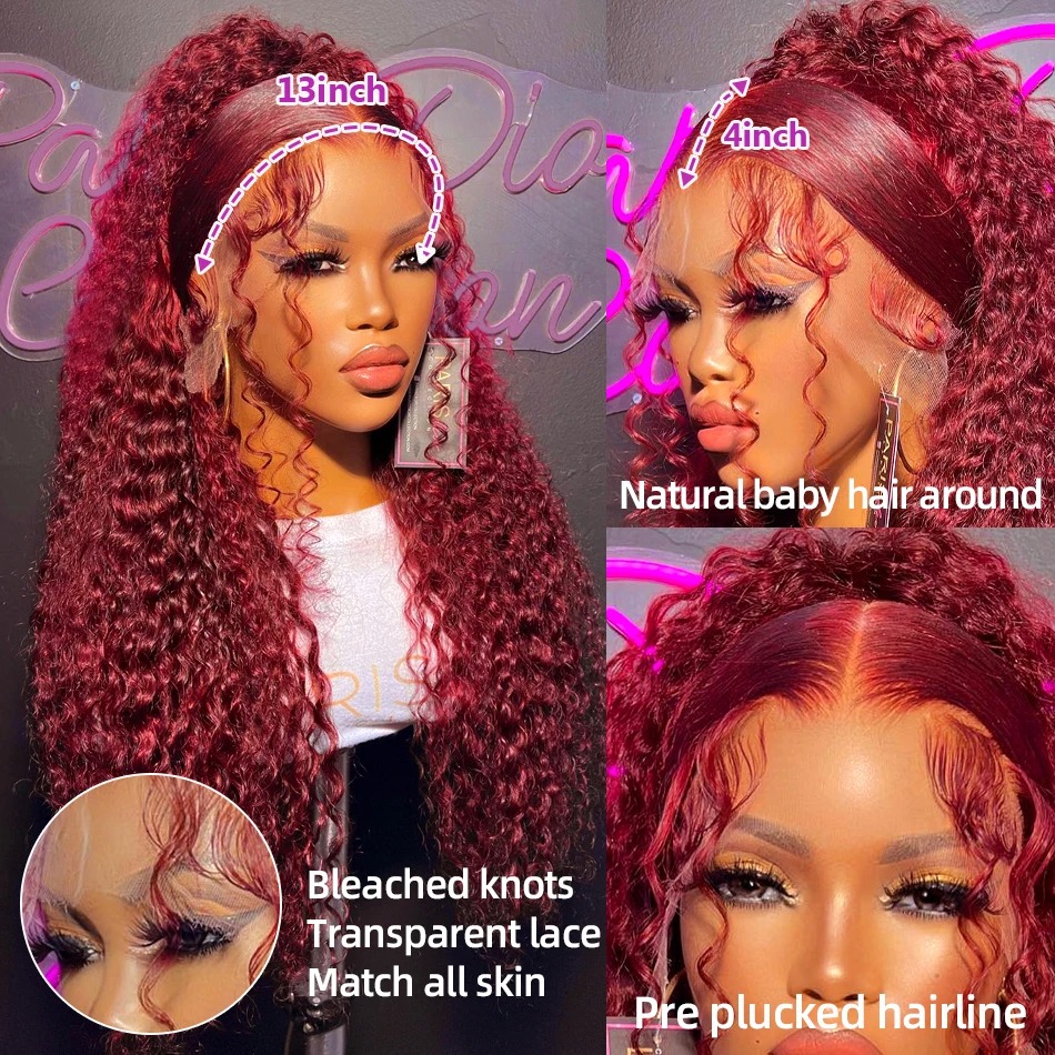 13X4 Deep Wave Frontal Wig Transparent 99J Bury Full Lace Front Red Colored HD Curly Human Hair Wigs