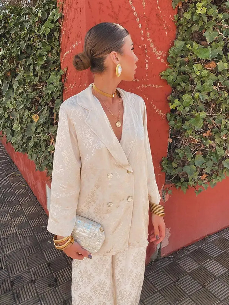 Elegant Fashion Print Womens 2 Piece Set Loose Lapel Double Breasted Blazer High Waist Pants Suit 2024 Spring Lady Chic Outfits 240314