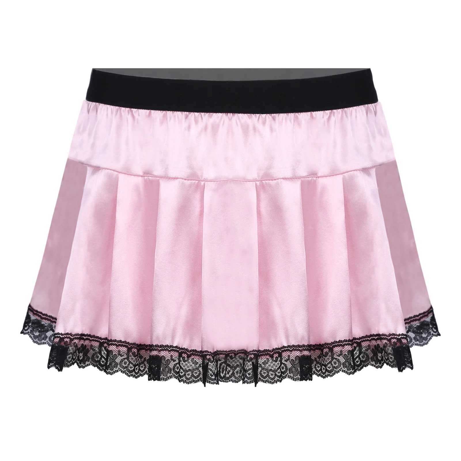 Sexy Skirt Set women underwear Sissy Crossdresser clothing lace decoration pleats sexy tight fitting role-playing satin mini skirt pajamas 24326