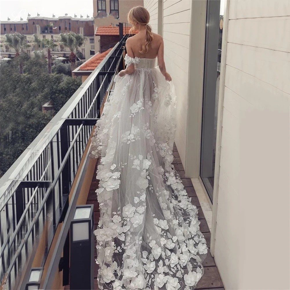 Elegant 3D Floral Lace Wedding Dress Princess A line Sweetheart Off Shoulder Illusion Bridal Gowns Court Train Vestido De Novias