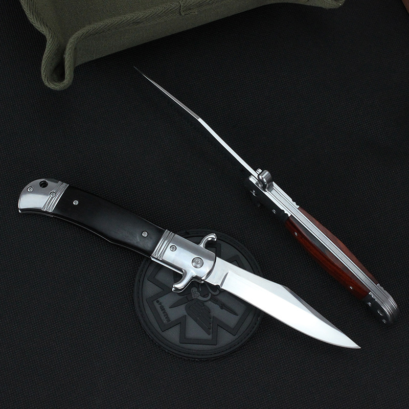 2Models 9'' Godfather Stiletto Folding Knife 3.85 440C Steel Mirror Blade, Sandalwood Handles