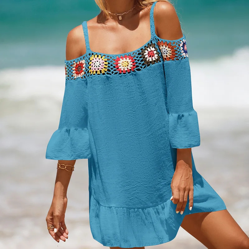 Boho OffShoulder Straps Mini Beach Dress Summer Women Bikini Cover Ups Half Flare Sleeve Ruffle Hem Casual Wear 240320