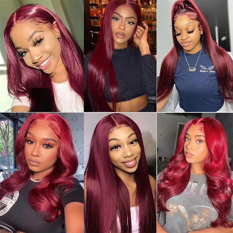 Red 99J Transparent 13X6 Front Human Hair Bury Straight 13X4 HD Lace Frontal For Women Colored Wig