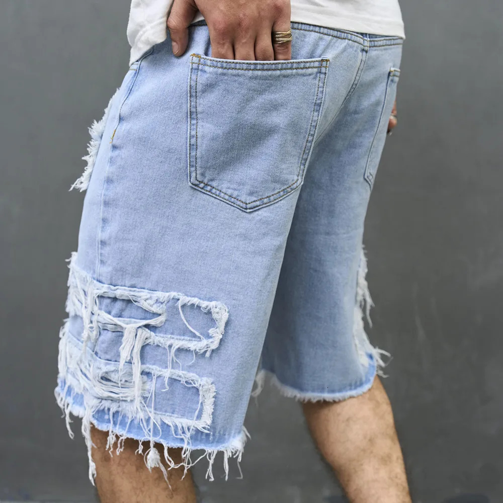 Summer Men High Street Ripped Patch Denim Shorts Stylish Solid Casual Male Straight Jeans Shorts 240325