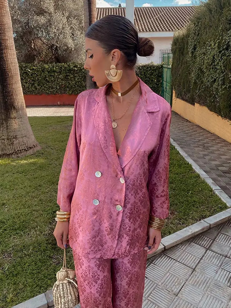 Elegant Fashion Print Womens 2 Piece Set Loose Lapel Double Breasted Blazer High Waist Pants Suit 2024 Spring Lady Chic Outfits 240314