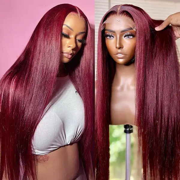 Red 99J Transparent 13X6 Front Human Hair Bury Straight 13X4 HD Lace Frontal For Women Colored Wig