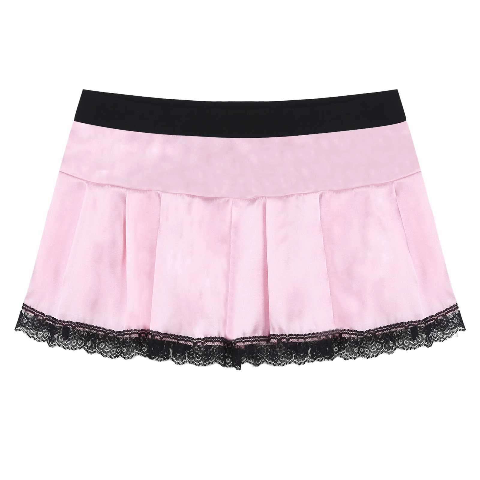 Sexy Skirt Set women underwear Sissy Crossdresser clothing lace decoration pleats sexy tight fitting role-playing satin mini skirt pajamas 24326