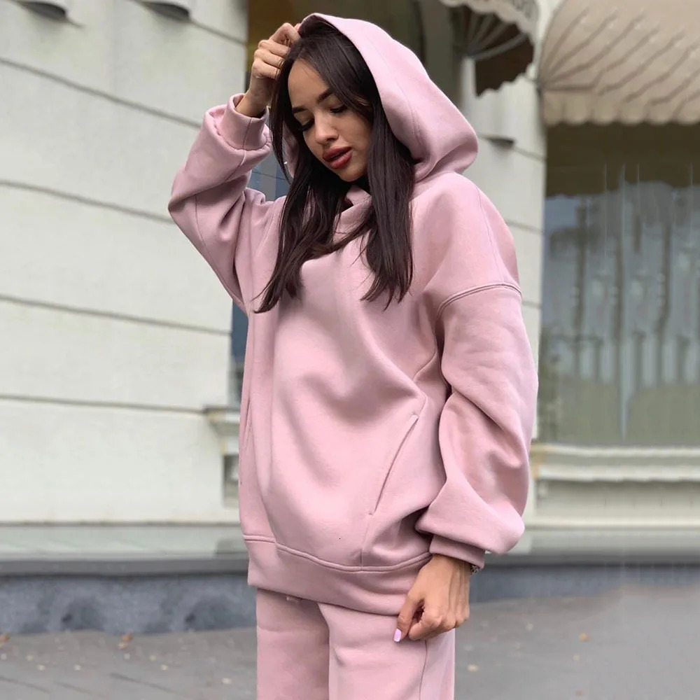 Winter Two Piece Sets Women Tracksuit Casual Suit Autumn Trouser Suits Female Sweatshirt Solid Sports Hoodie Sportswear 240325