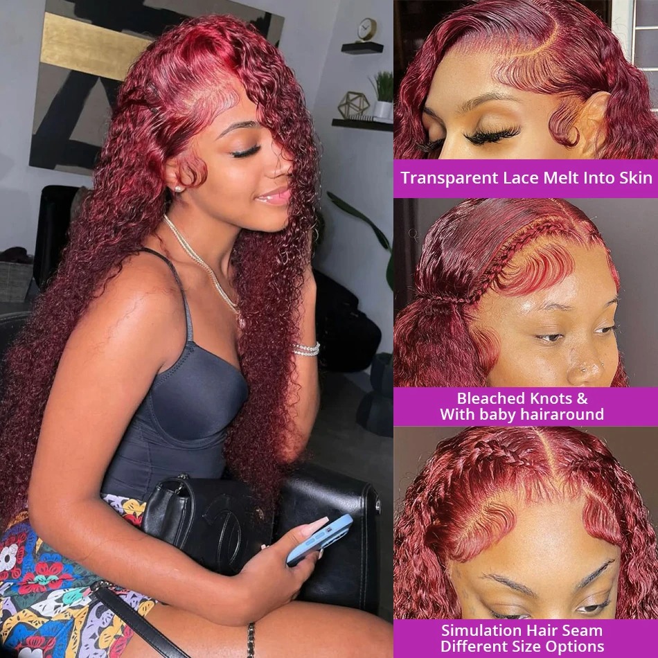 13X4 Deep Wave Frontal Wig Transparent 99J Bury Full Lace Front Red Colored HD Curly Human Hair Wigs