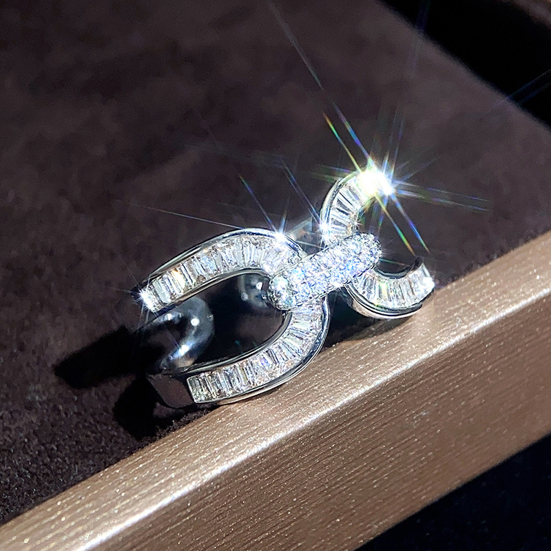 Wedding Rings for Women: Sterg Sier Open Cross Band with Princess Cut White Topaz & CZ Gemstones