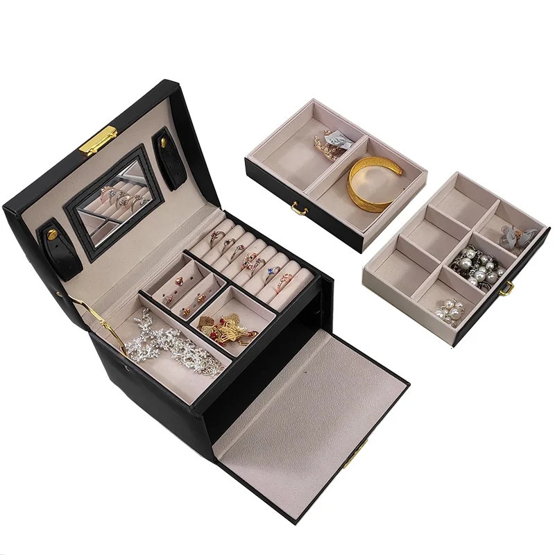 Three-tier jewelry box jewelry storage box portable lock earrings necklace ring storage box wooden cross-border . 240314