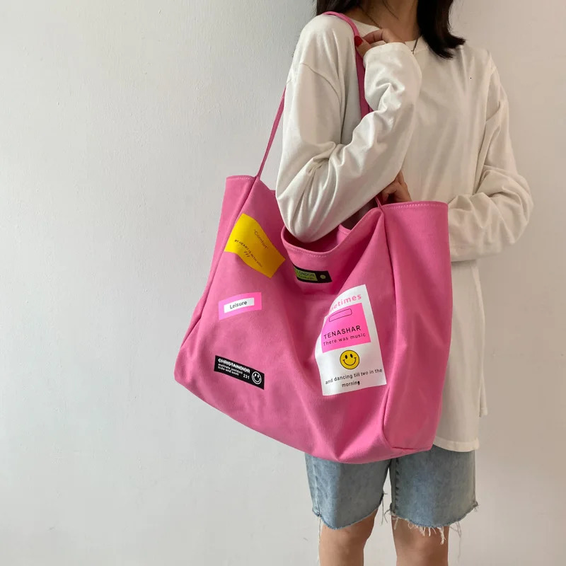 2023 Candy Color Large Canvas Totes For Women Cotton Bag Big Reusable Shopping Bag Pink Supermarket Eco Grocery Shoulder Bag 240320