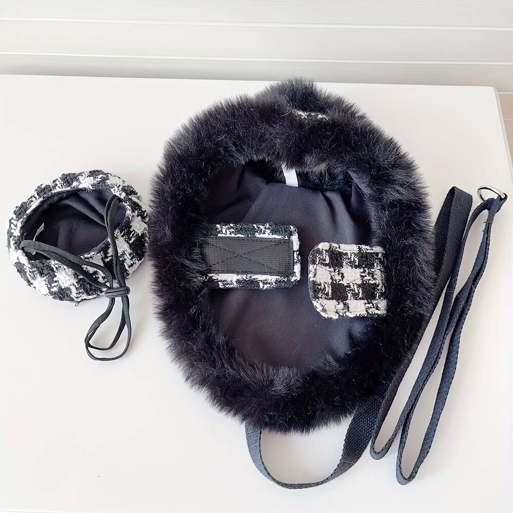 Dog Clothes, Winter Autumn Plaid Cape with Leash Beret Set for Dog, Coat Basic and Chic Tweed Fabric, Chest Adjustable, Pet Clothes