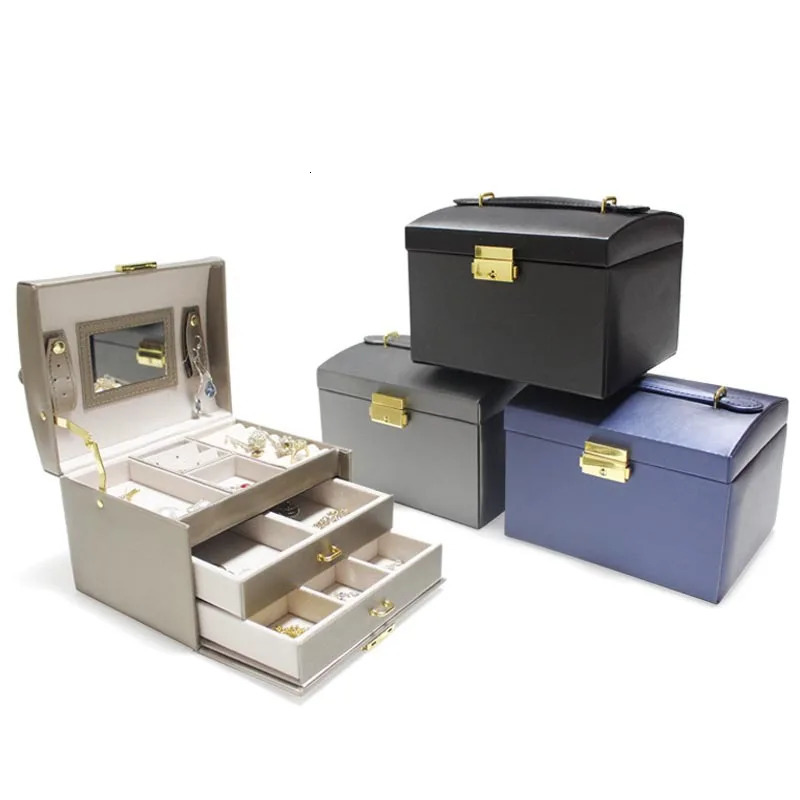 Three-tier jewelry box jewelry storage box portable lock earrings necklace ring storage box wooden cross-border . 240314
