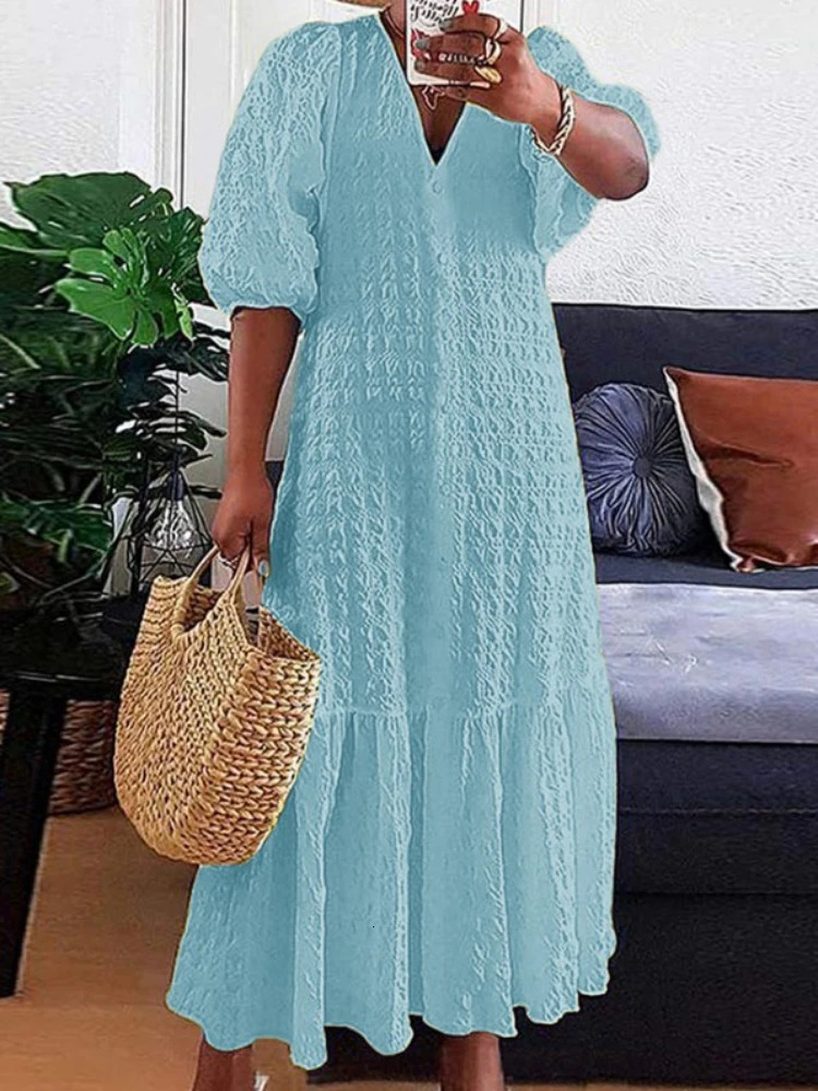 Plus Size Women Shirt Dress Summer Sexy V Neck Buttons Half Sleeve Long Maxi Vestidos Bohemian Elegant Party Robe 240318