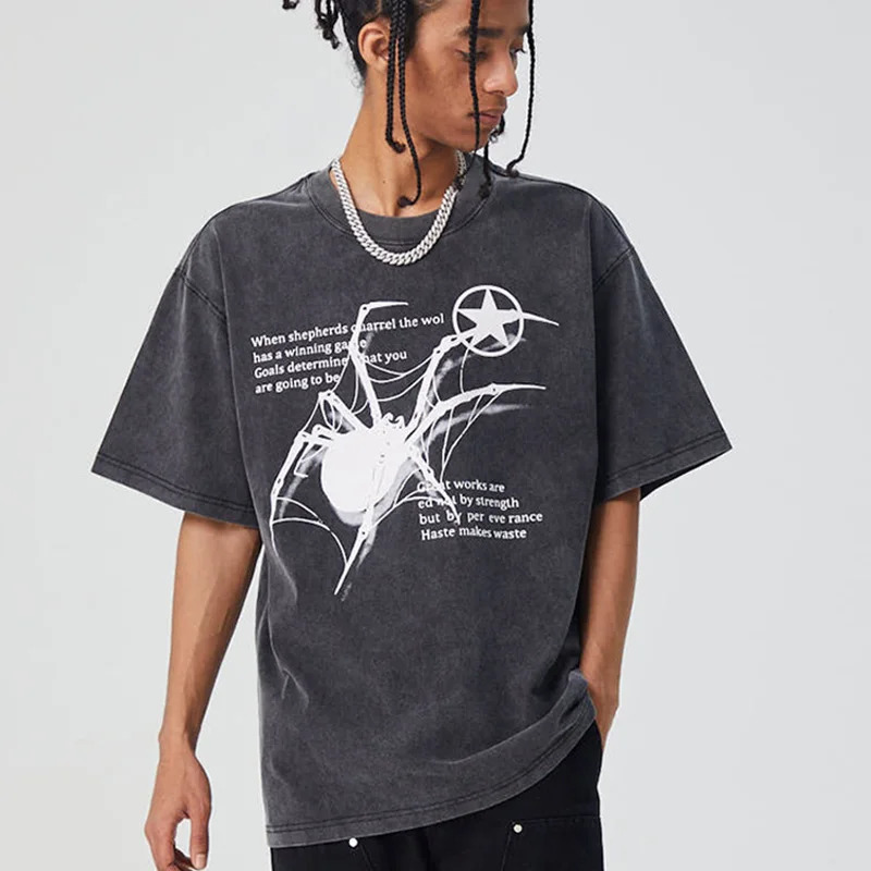 Men T-Shirt Streetwear Hip Hop Oversized Y2k Washed Black Spider Graphic Harajuku Gothic Vintage Cotton Tops Tees Loose Clothes 240321