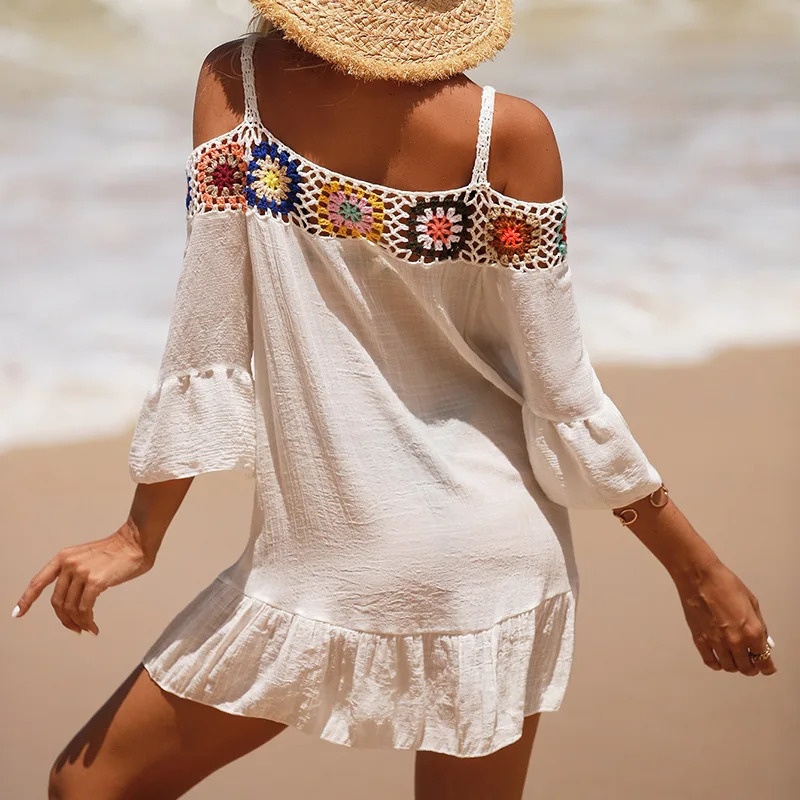 Boho OffShoulder Straps Mini Beach Dress Summer Women Bikini Cover Ups Half Flare Sleeve Ruffle Hem Casual Wear 240320