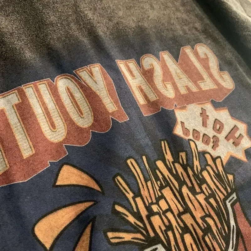 American high street retro old tiedye French fries printed shortsleeved Tshirt men and women trendy hip hop halfsleeved top 240315