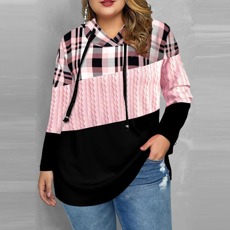 Women Plaid Print Hooded Sweatshirts Spring Autumn Hoodie Long Sleeve Pullover Tops Ladies Casual Drawstring Contrast Outwears 240318
