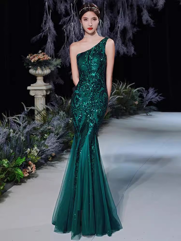 Stunning Green Sequin Prom Evening Dresses Long Mermaid One shoulder Party Sexy Sleevless Ball Party gowns formal women robe de soiree