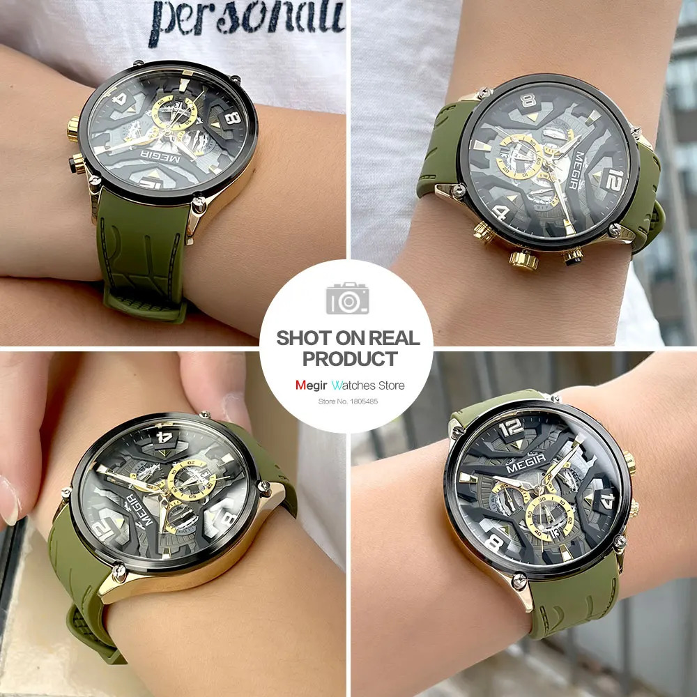 MEGIR Olive Green Sport Watch Men Fashion Silicone Strap Waterproof Chronograph Quartz Wristwatch with Auto Date Luminous Hands 240311