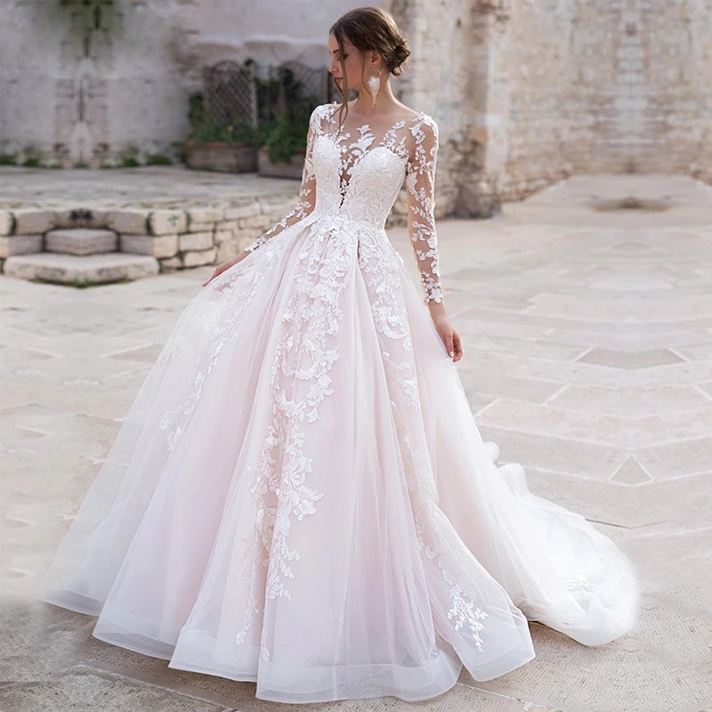 Sexy Women Wedding Dress White Long Mesh Lace Sleeve A line Pleated Romantic Reem Acra Tulle Bridal Gowns Vintage Country Garden Bride Reception Dress