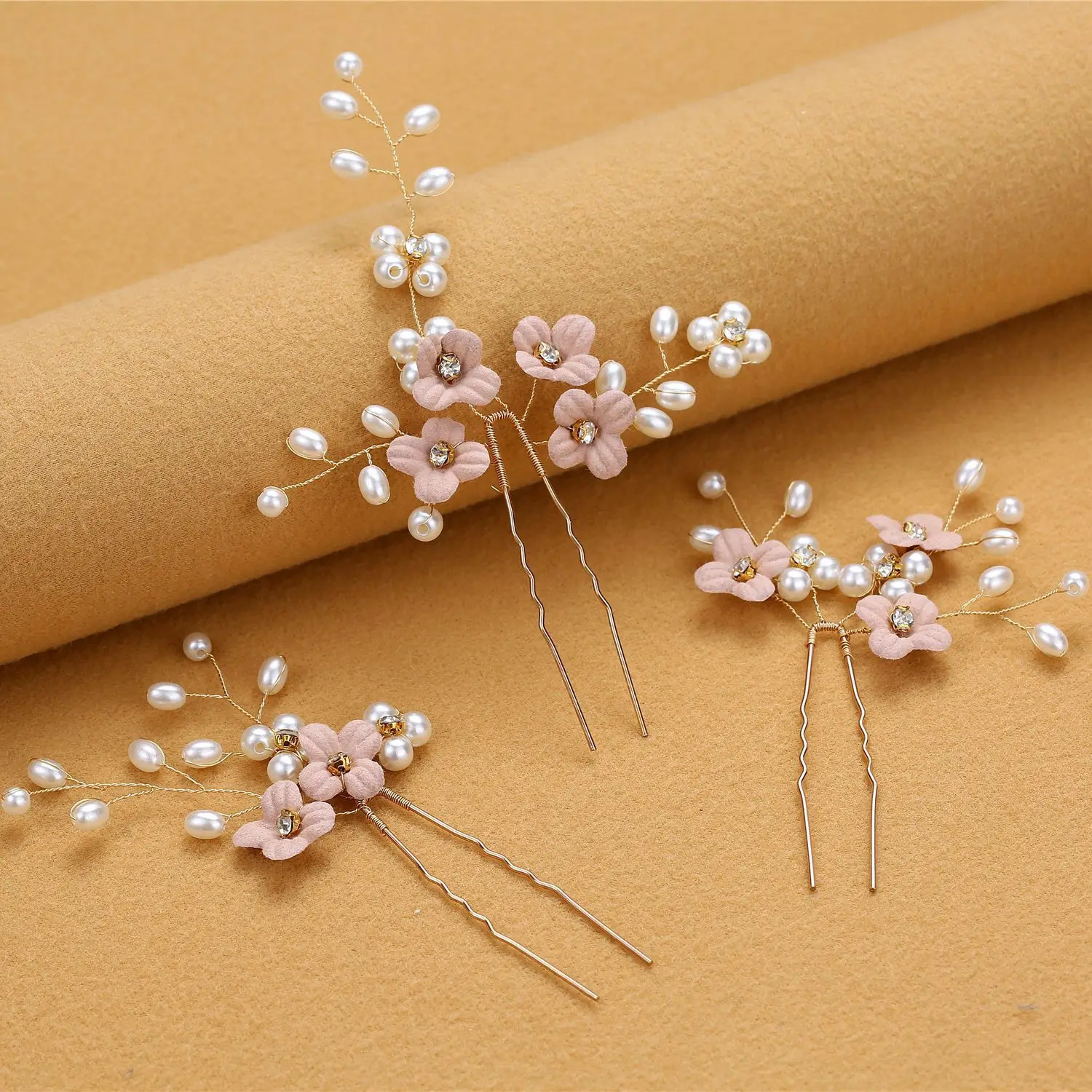 3pcs Blue Flower U Shaped Hair Pins Pearl Elegant Clips Headwear for Wedding Bridal Hairclip Women Jewelry Accessories 240311
