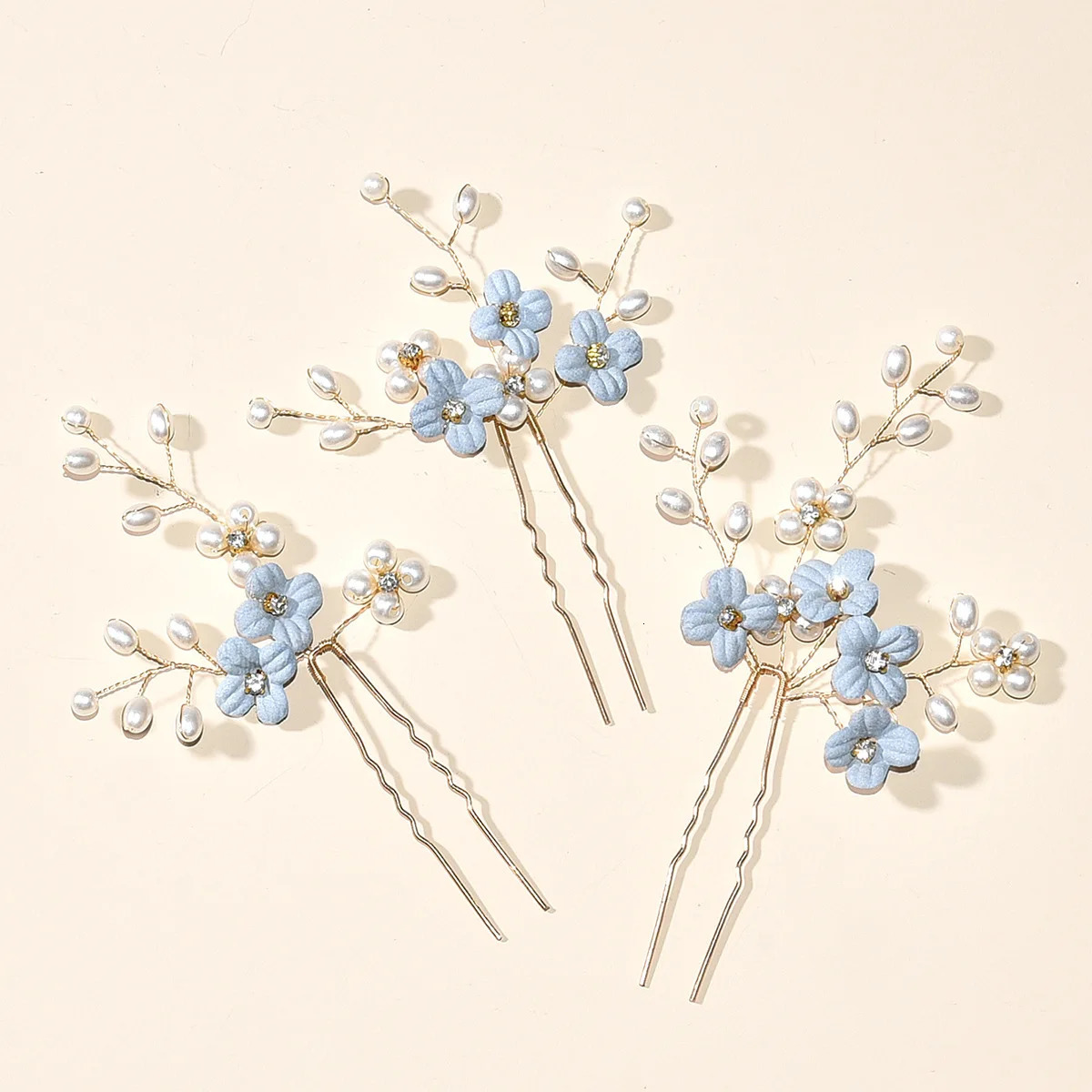 3pcs Blue Flower U Shaped Hair Pins Pearl Elegant Clips Headwear for Wedding Bridal Hairclip Women Jewelry Accessories 240311