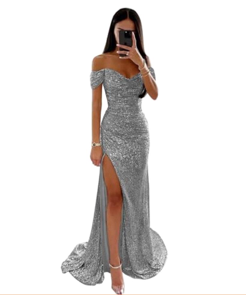 Elegant Off The Shoulder Sequins Mermaid Bridesmaid Ruched High Thigh Split Blingbling Wedding Guest Maid Of Honor Dresses Bc18214 0326