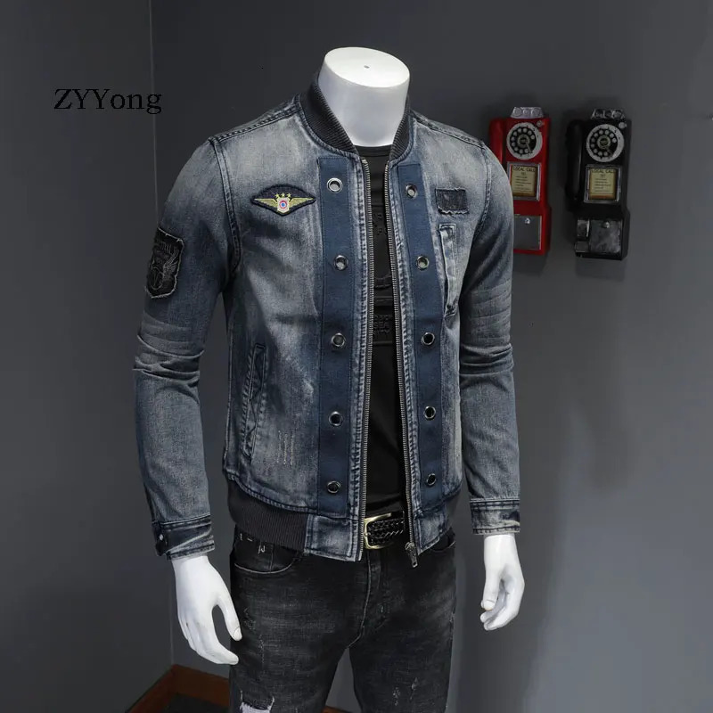 European Style Stand Collar Patch Bomber Pilot Blue Denim Jacket Men Jeans Coats Motorcycle Casual Outwear Clothing Overcoat 240319