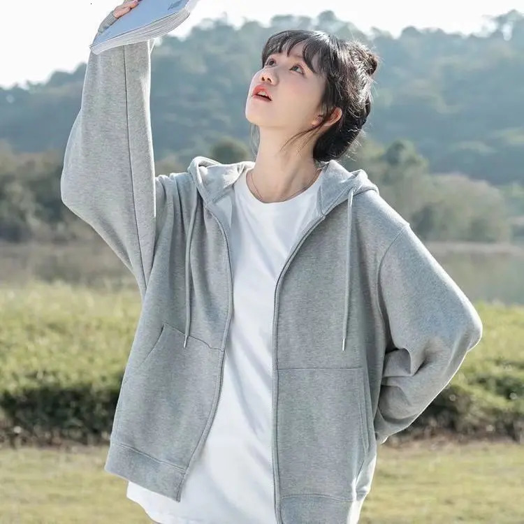 Grey Sweatshirt Hooded Casual Cotton Cardigan Sweatshirts Gray Women Clothes Solid Zipper Hoodies WLong Sleeves 240318