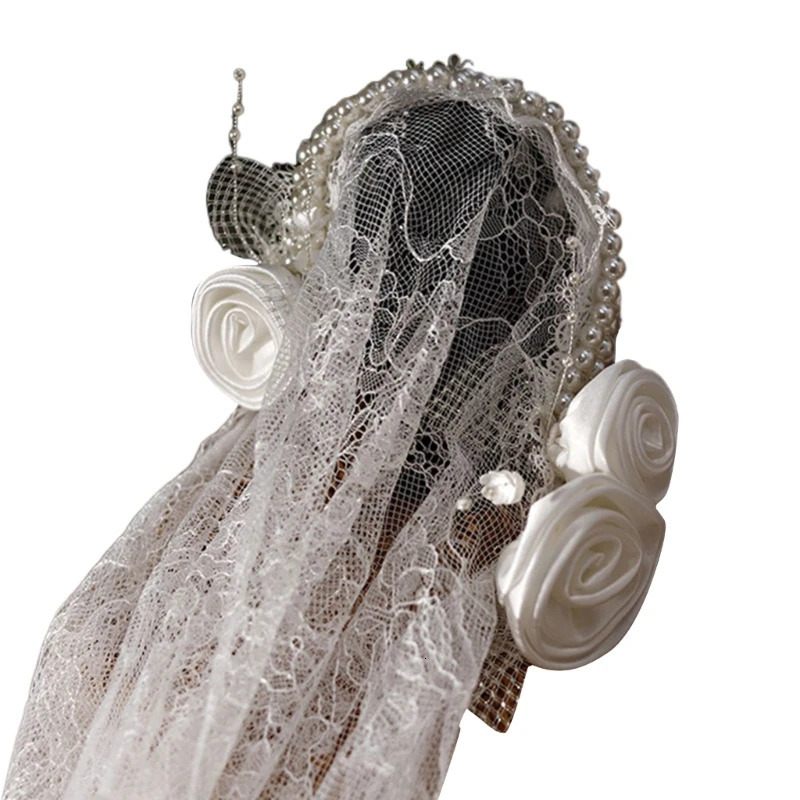 1920s Wedding Bride Veil with Pearl Headbands Girl Long Tulles Tiaras for Halloween Women Pography 240313
