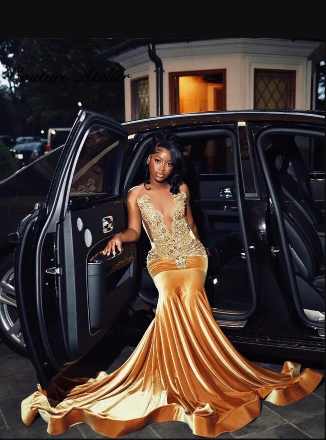 Invincible Gold Crystal Velvet Mermaid Long Prom Dresses For Black Girls Sheer Mesh Top Beaded Rhinestone Elegant Graduation Dress African Party Dress
