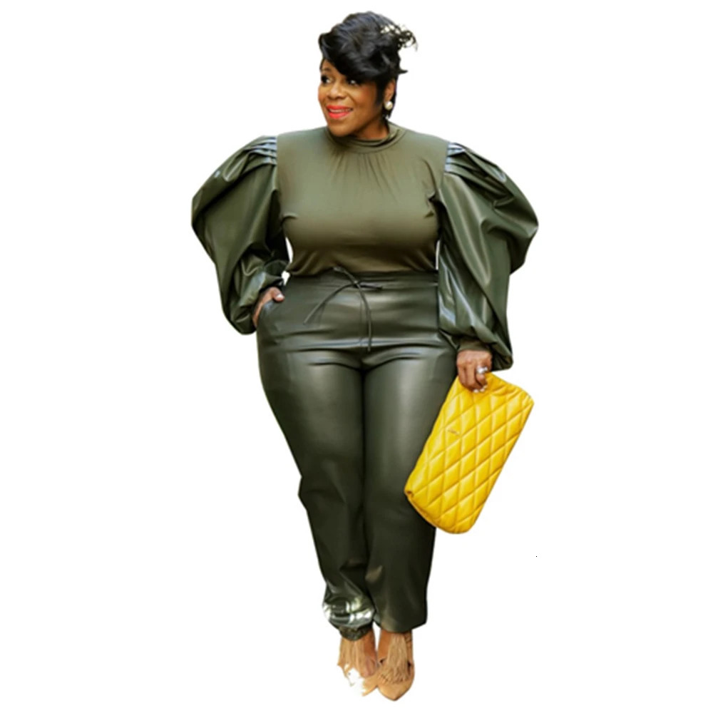 Plus Size Leather Two Piece Set XL5XL PU Fashion Womens Clothing Lantern Sleeve Solid Color Matching Sets Winter Casual Outfit 240307