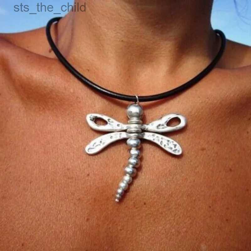 Chokers New Ethnic Style Dragonfly Metal Pendant Necklace Womens Fashion Bohemian Leather Necklace Beach Party JewelryC24326