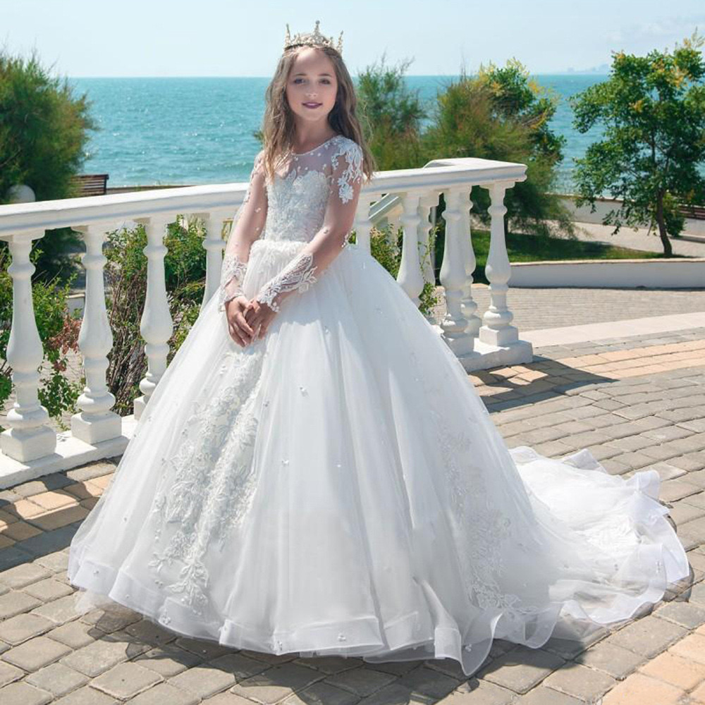 2024 Designer Vestidos Kids First Communion Dresses For Little White Flower Girl Dress Princess Child Wedding Party Juniorbridesmaid Maxi Prom Evening