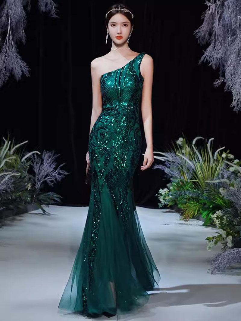 Stunning Green Sequin Prom Evening Dresses Long Mermaid One shoulder Party Sexy Sleevless Ball Party gowns formal women robe de soiree